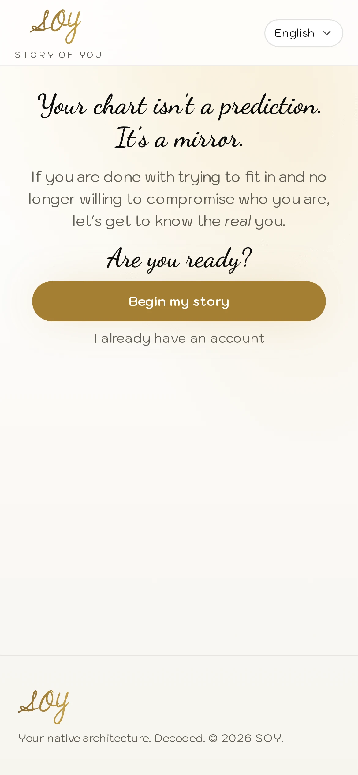The SOY app welcome screen